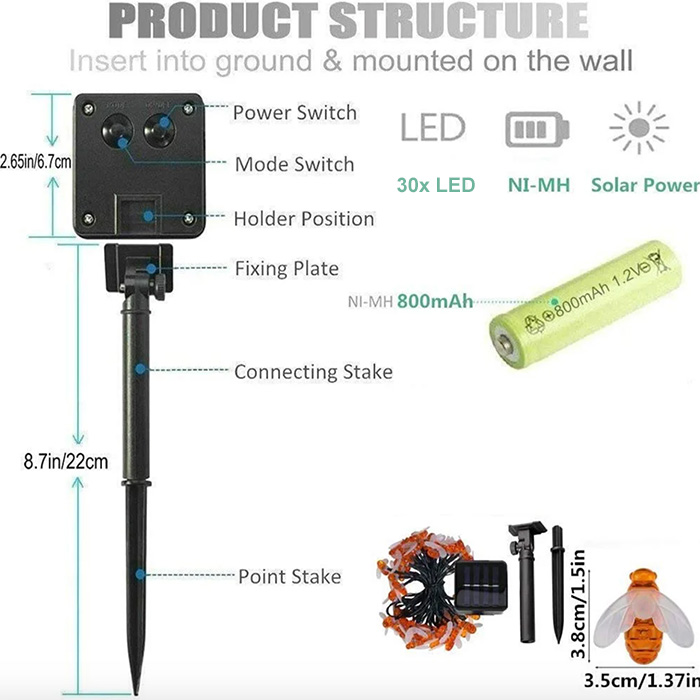 BeeLights, ηλιακό φωτιστικό με 30 LED φώτα σε σχήμα μελισσών - Image 2